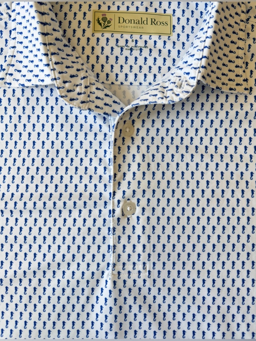 NWOT Donald Ross White Polo with Navy Micro Seahorse Print